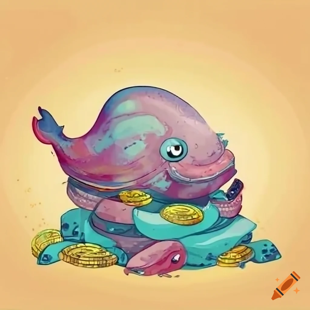 whale in metal armor surrounded by gold coins