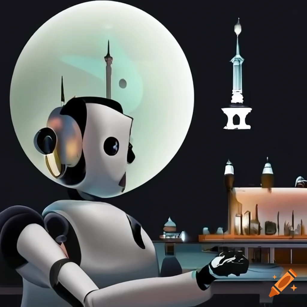 robot couple having dinner with a mosque in the background