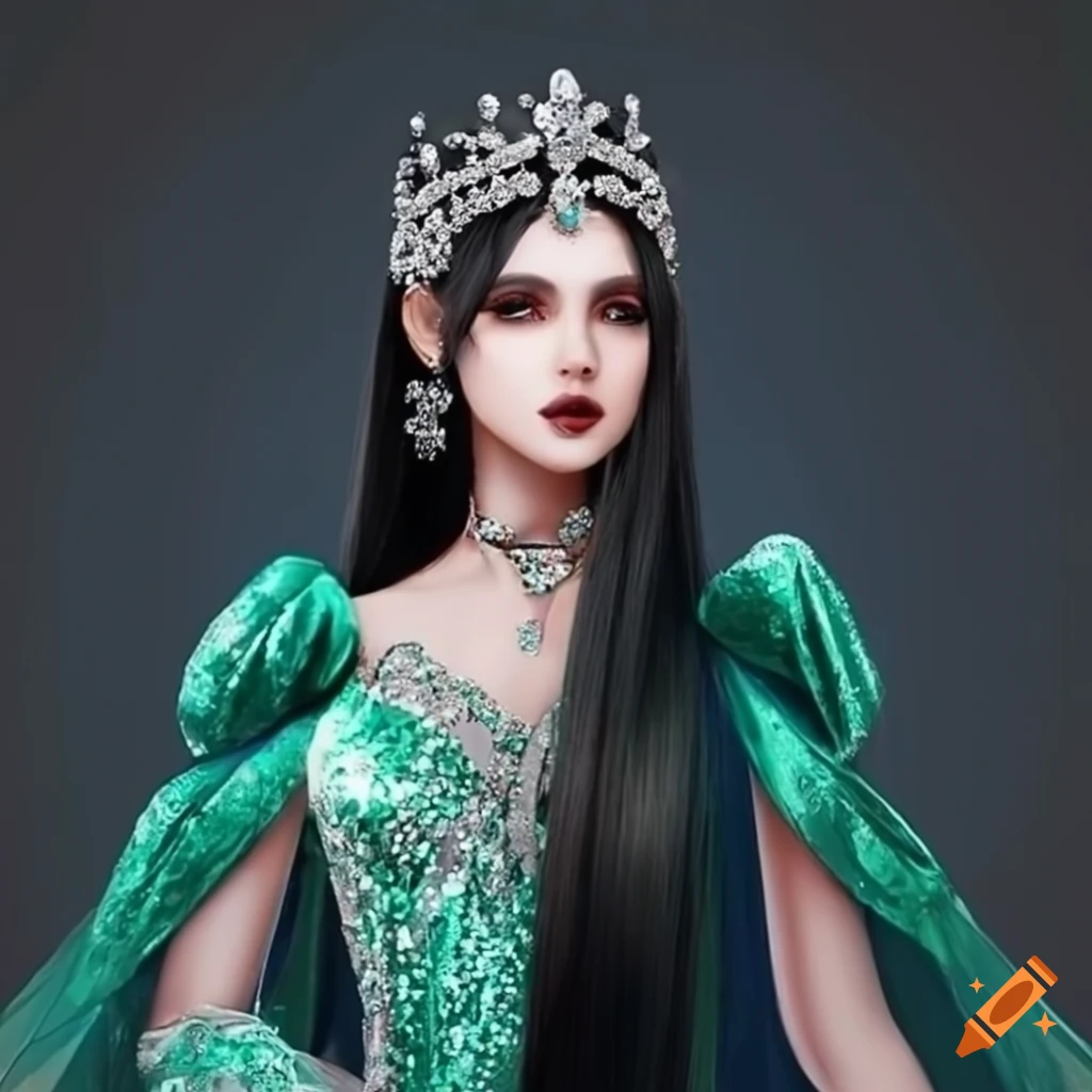 Portrait of a dark-haired princess in a green sequin dress on Craiyon