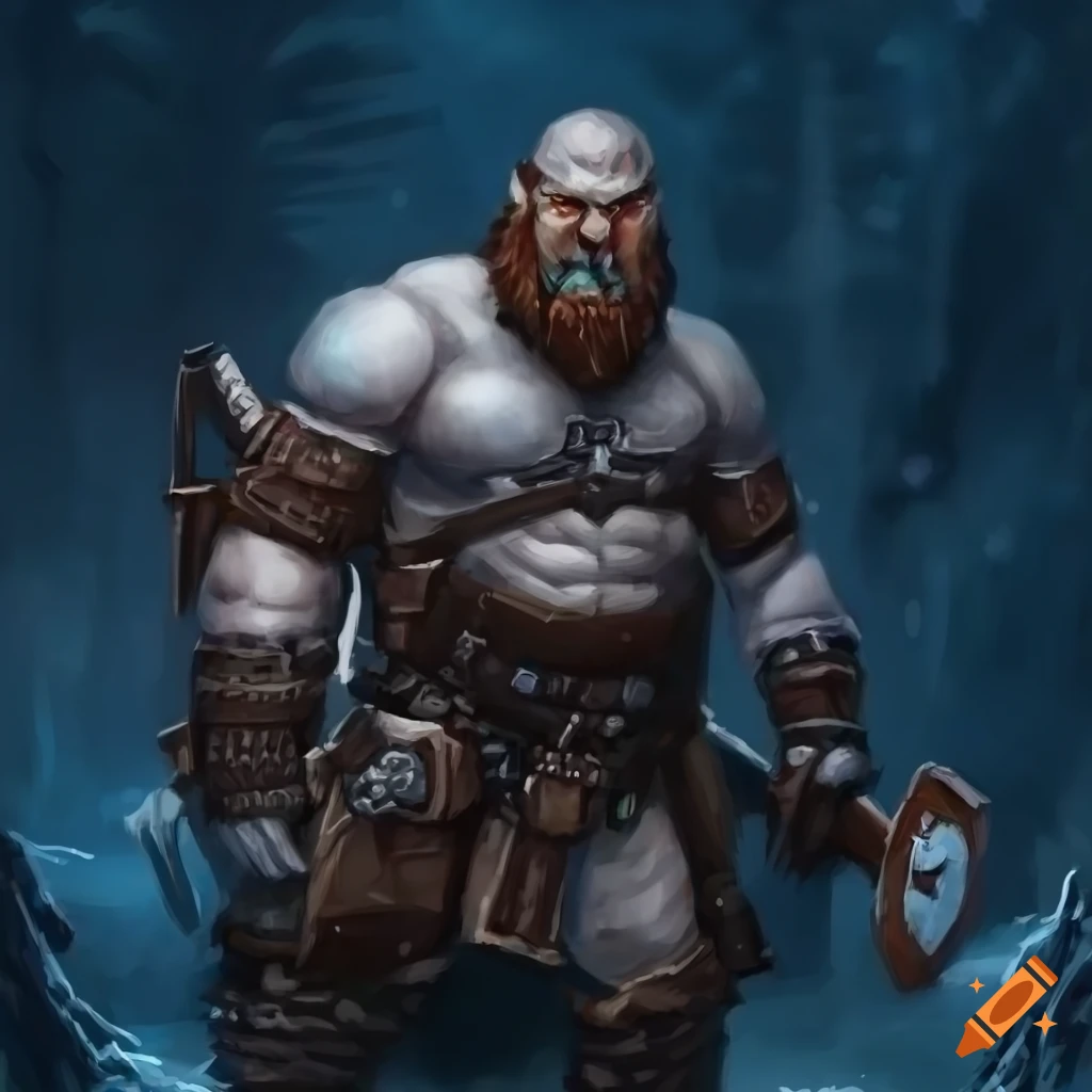 fantasy painting of a fat barbarian warrior in a winter taiga