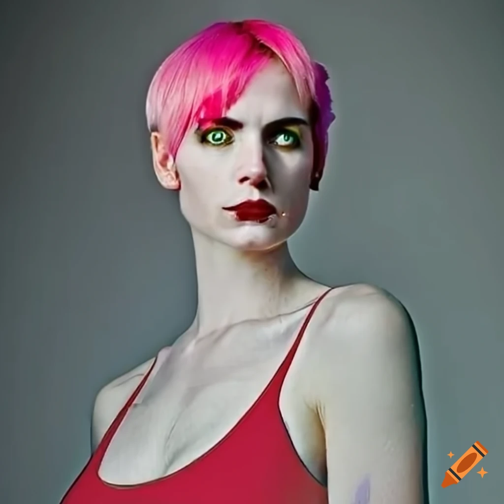 portrait of an actress with short pink hair and green eyes