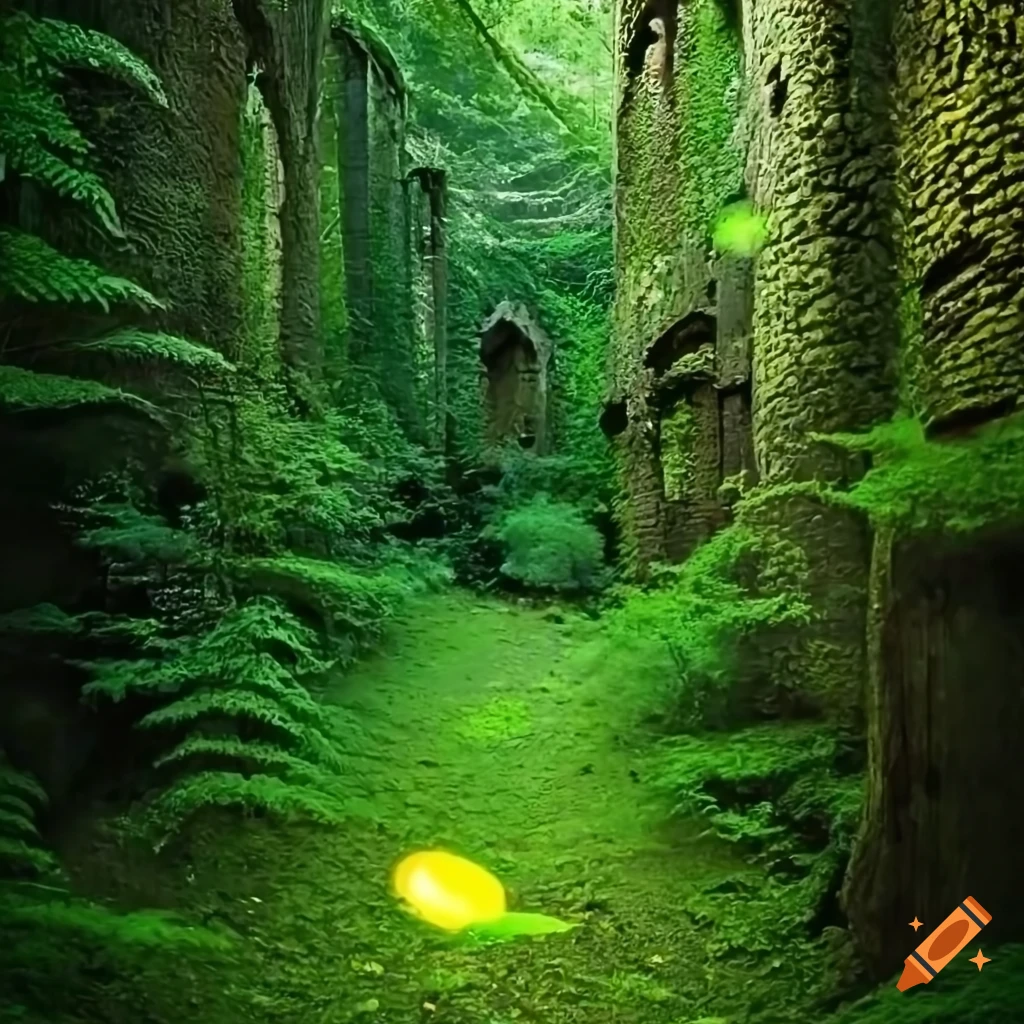 Fireflies in a mystical forest castle ruins on Craiyon