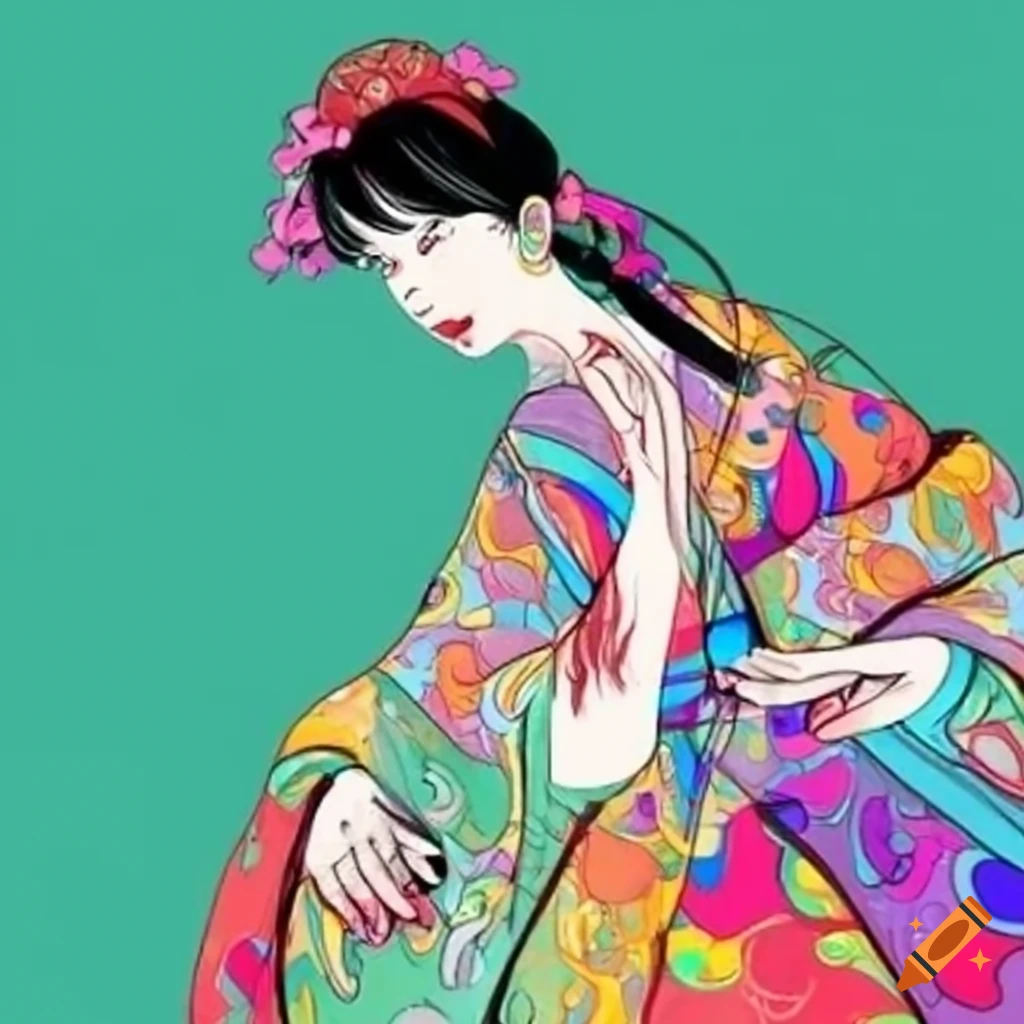 Colorful manga sketch of a japanese woman on Craiyon