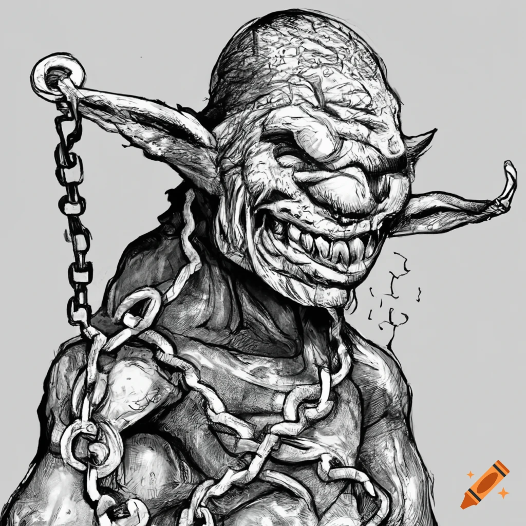 black and white drawing of a chained goblin in a dungeon