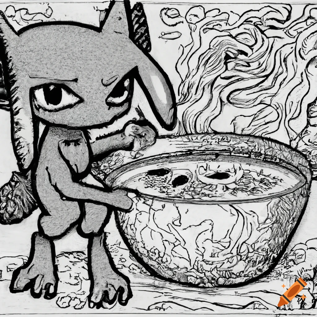 Junji Ito inspired artwork of Riolu eating soup