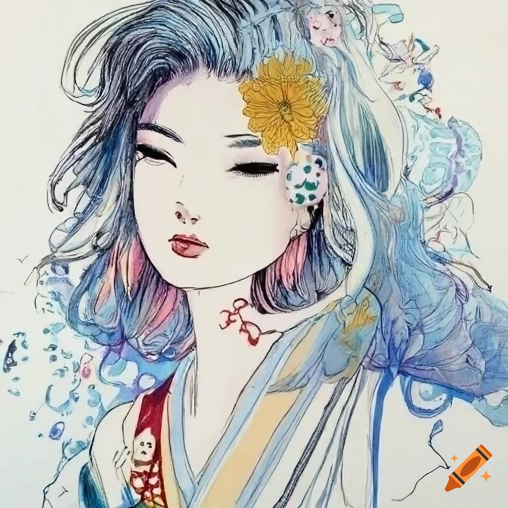 colorful manga sketch of Japanese woman by Kawanabe Kyosai