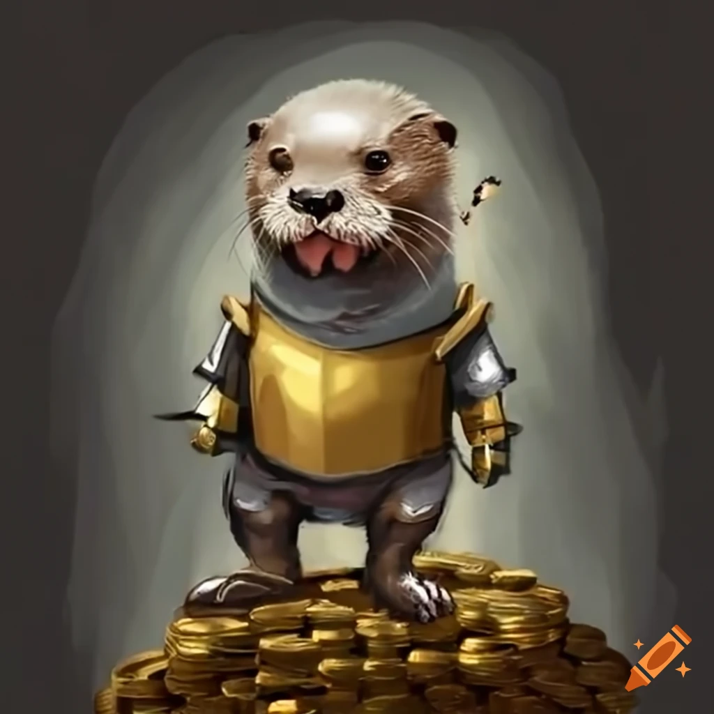 cute otter in armored costume with treasure