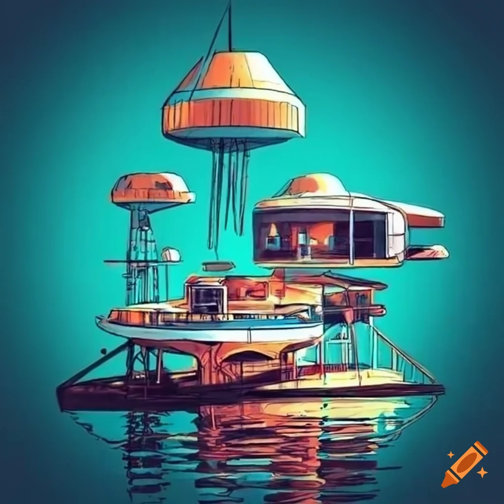 Retro futurism technical drawing of a unique living pod