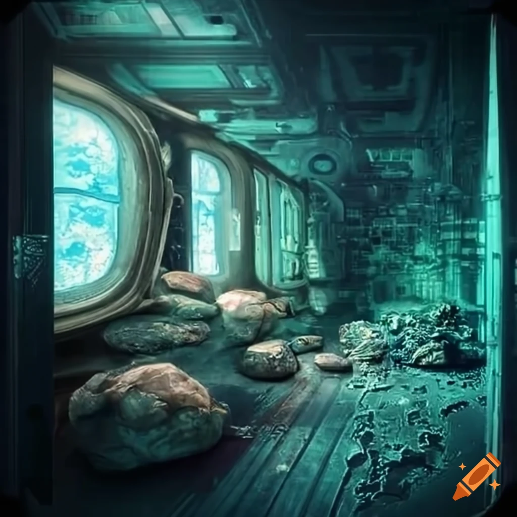 Surrealist depiction of aliens inside a spaceship on Craiyon
