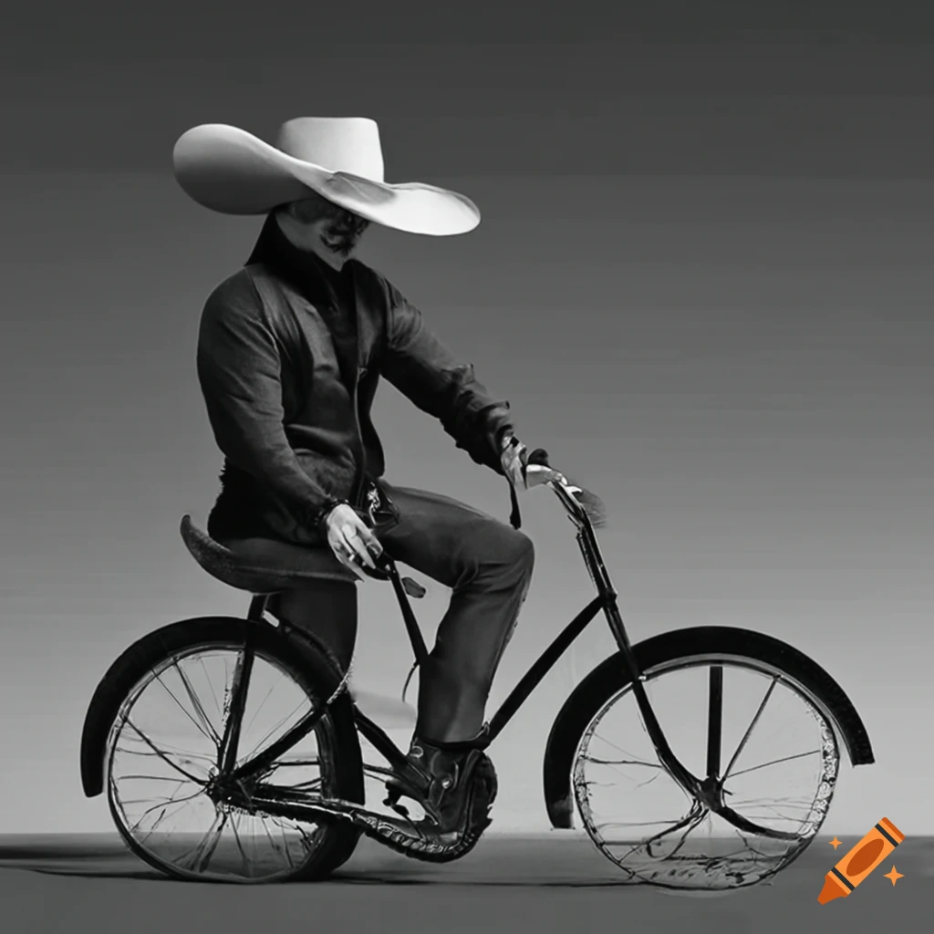 black and white photo of Andrew Tate riding a bike with a cowboy hat