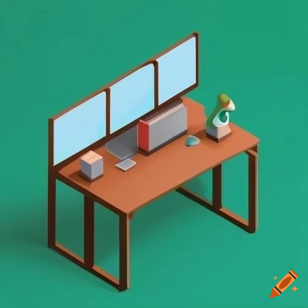 Isometric view of a cartoon office desk with four screens