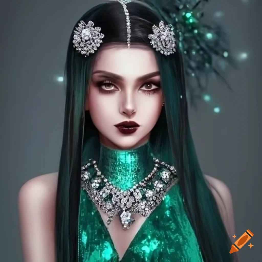 Beautiful dark-haired princess in a green sequin velvet dress on Craiyon