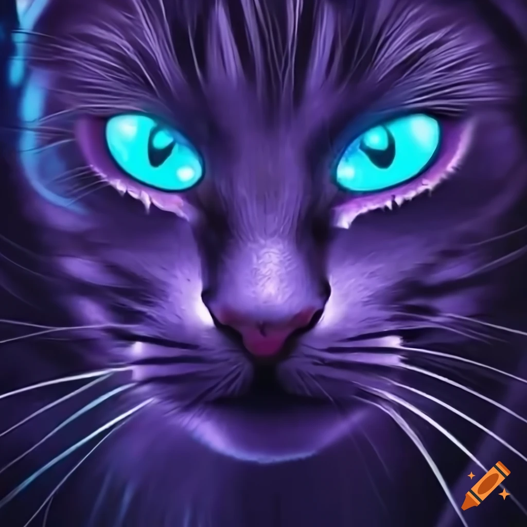 Realistic purple and blue cat with glowing eyes