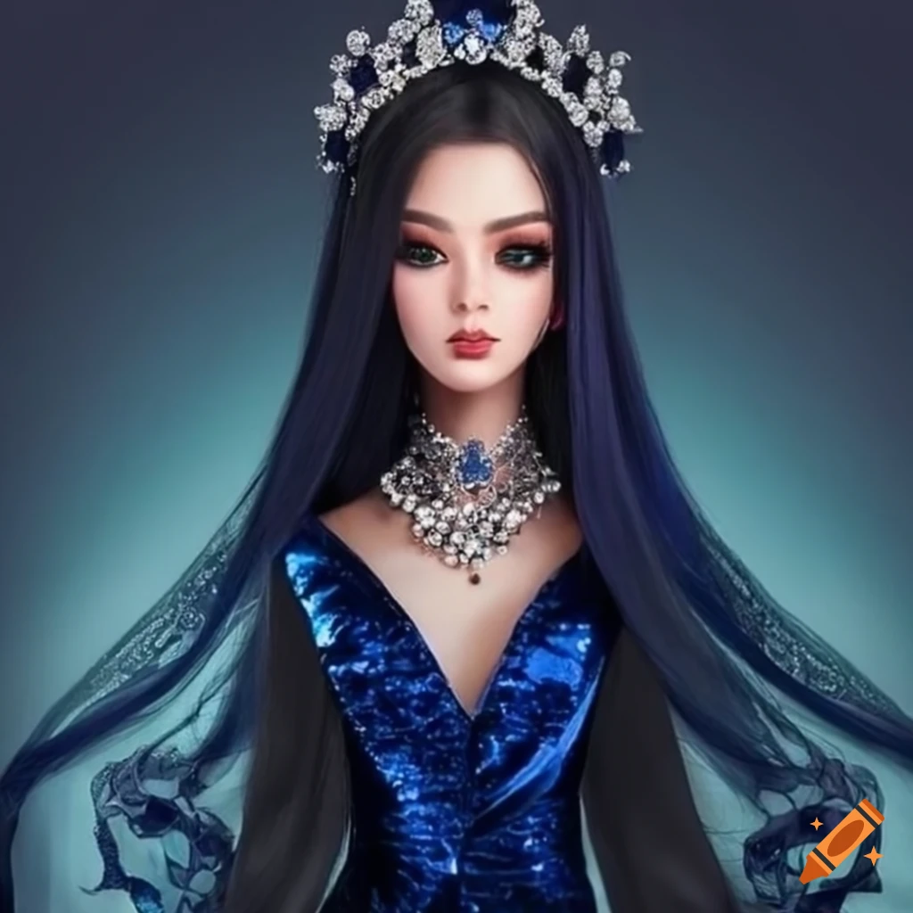 Elegant princess in a dark blue sequin dress and silver sapphire jewelry