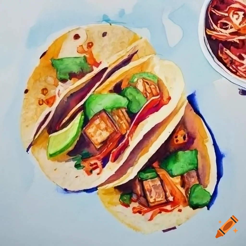 watercolor painting of Kimchi Tacos with sautéed tofu