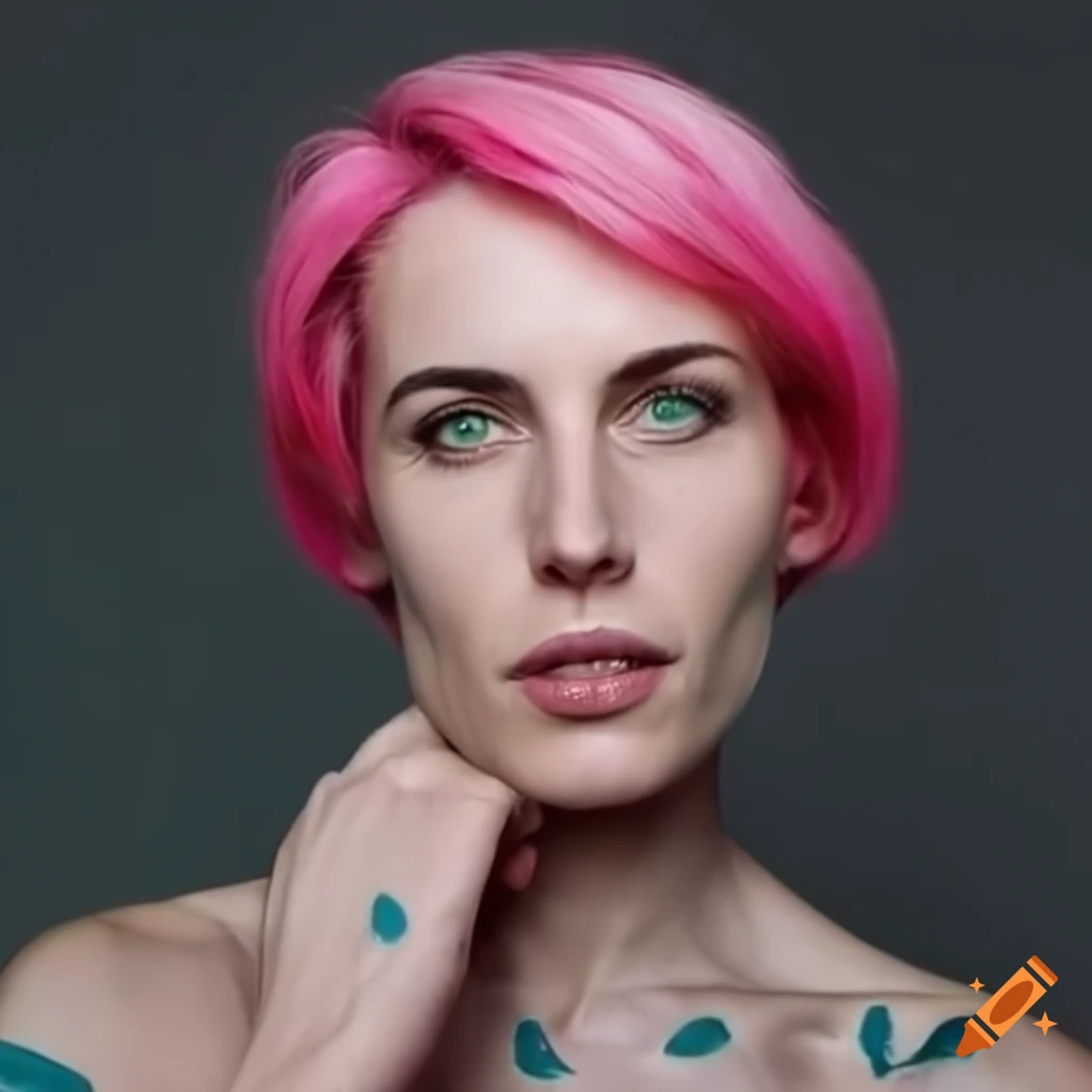 portrait of an actress with short pink hair and green eyes