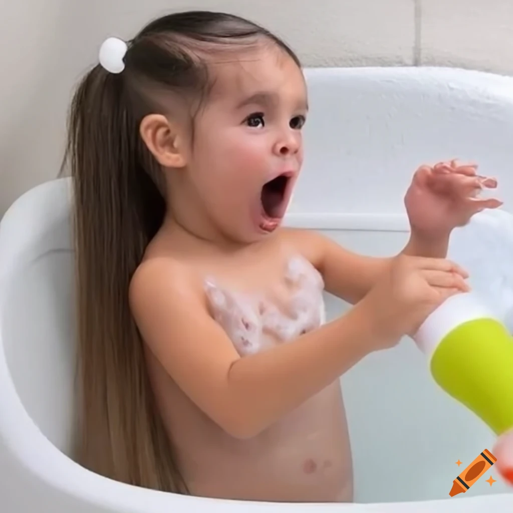 surprised toddler girl with pigtails during bath time
