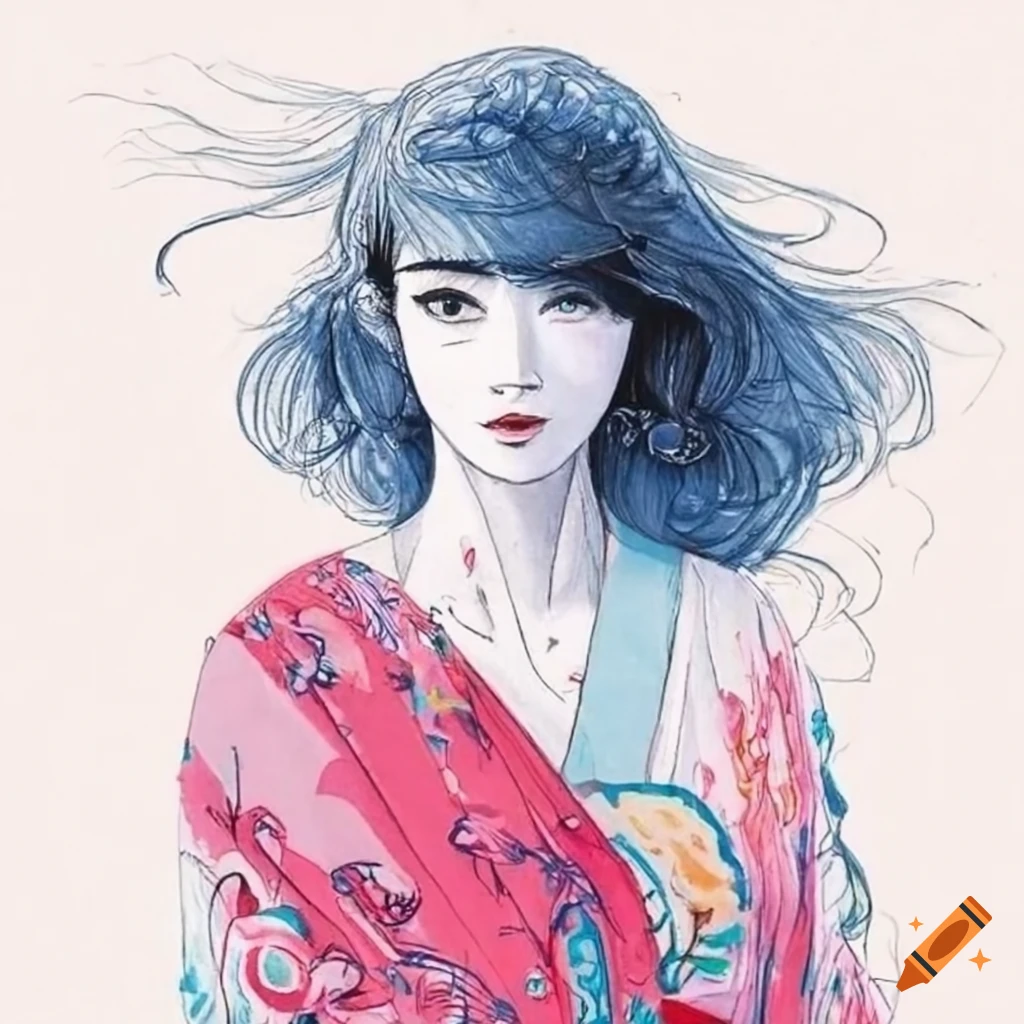 colorful manga sketch of a Japanese woman by Kawanabe Kyosai