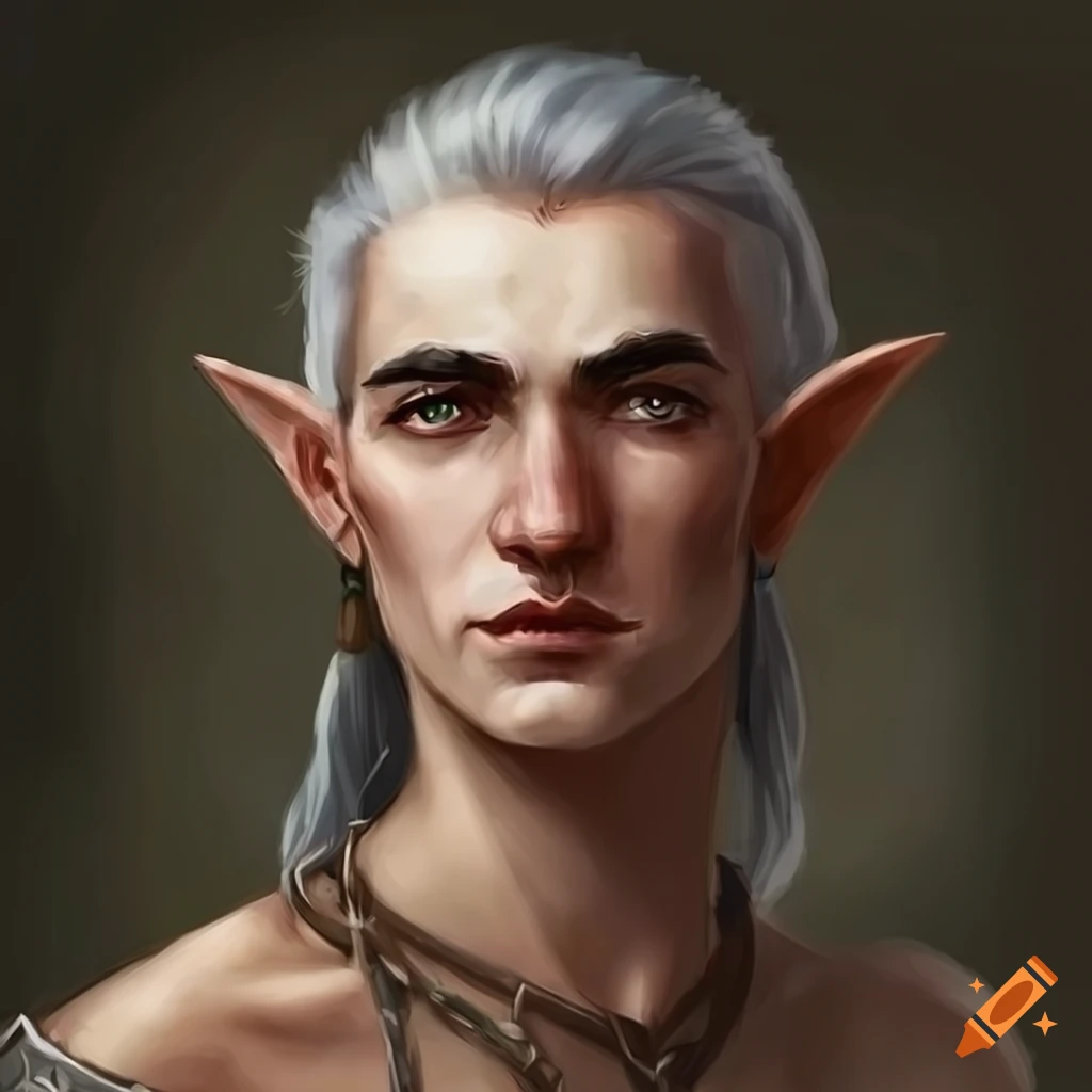 Portrait of a half-elf man with grey hair on Craiyon