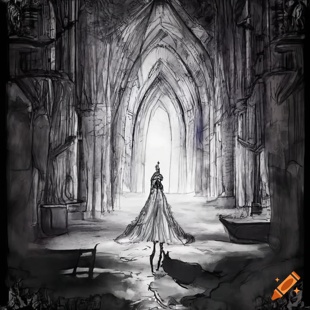 Black and white illustration of people under divine light
