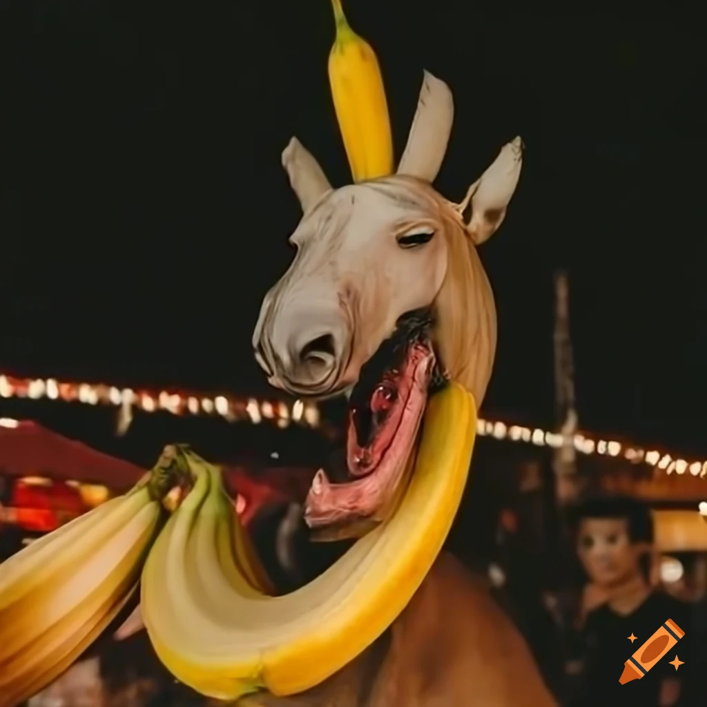 photo of a horse and banana having fun at a night market