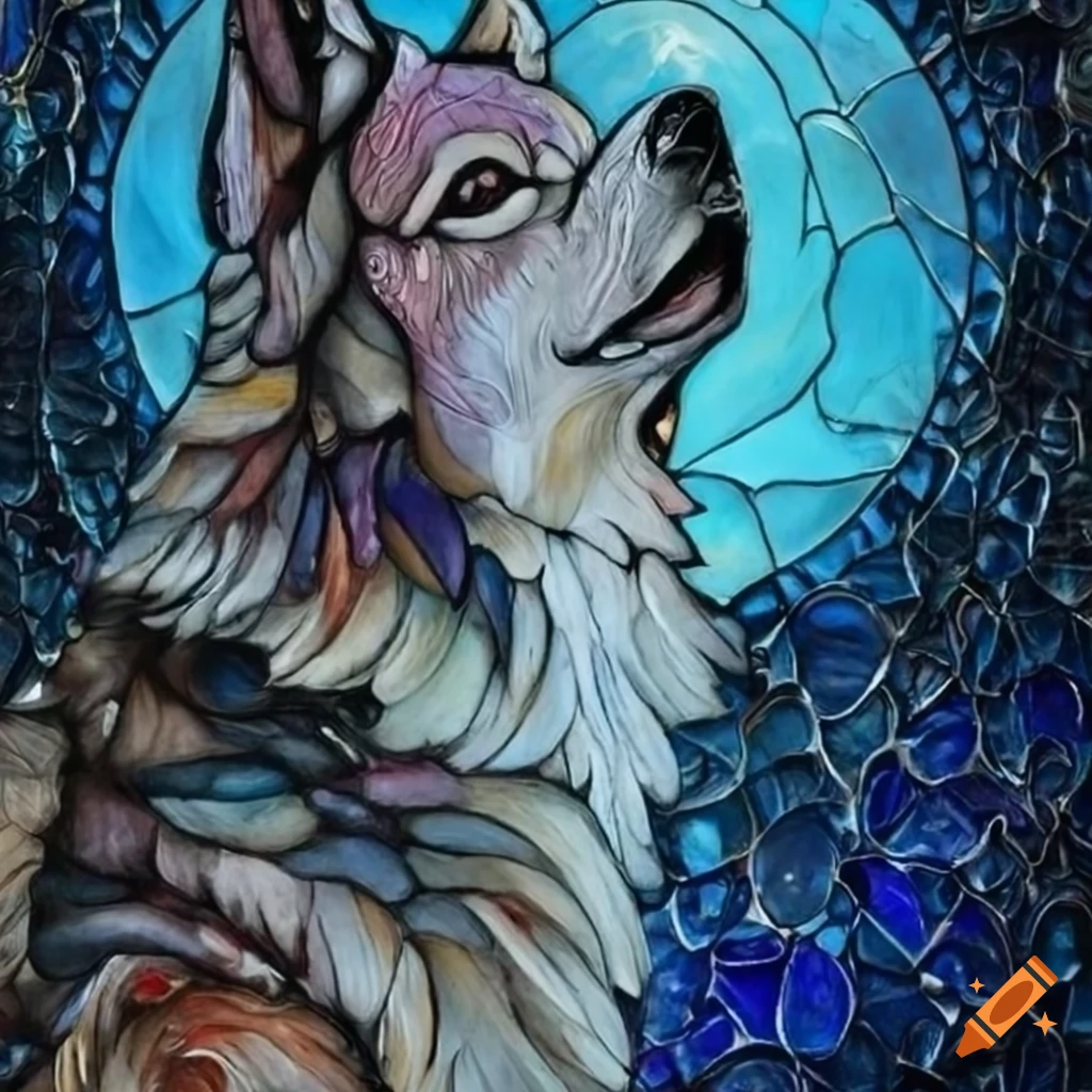 Stained glass artwork of a howling wolf on Craiyon