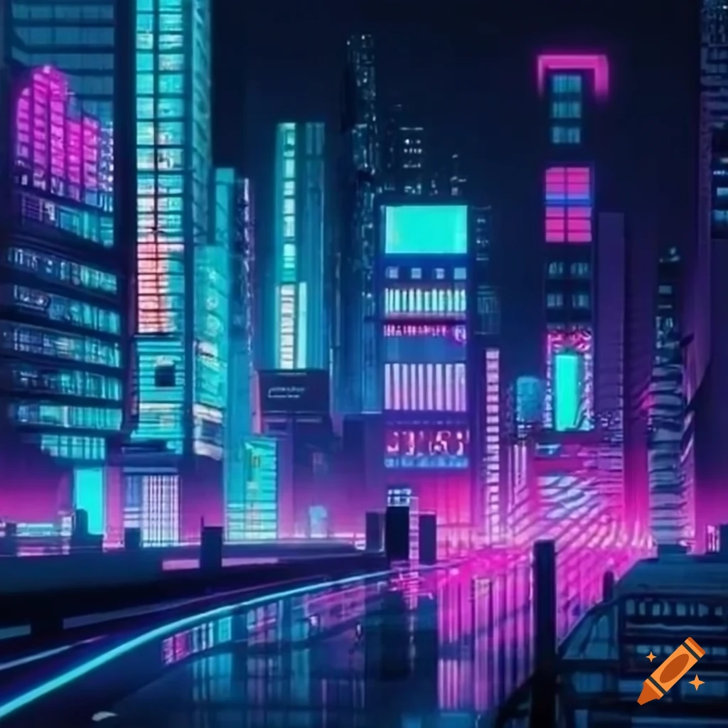 synthwave cityscape at night with neon lights