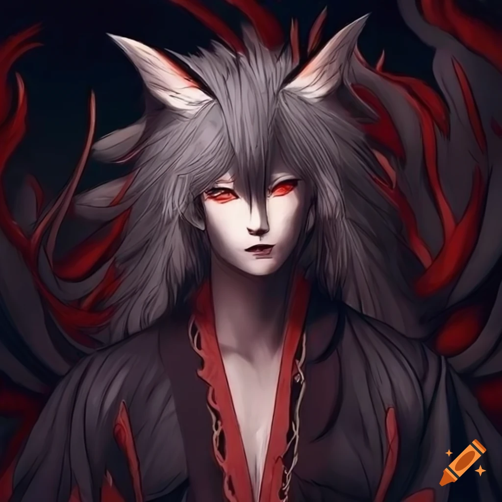anime boy, 10 years old, short hair, dark clothes with a kitsune 