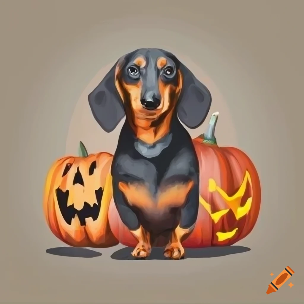 hyper realistic vector drawing of a dachshund and jack-o-lantern