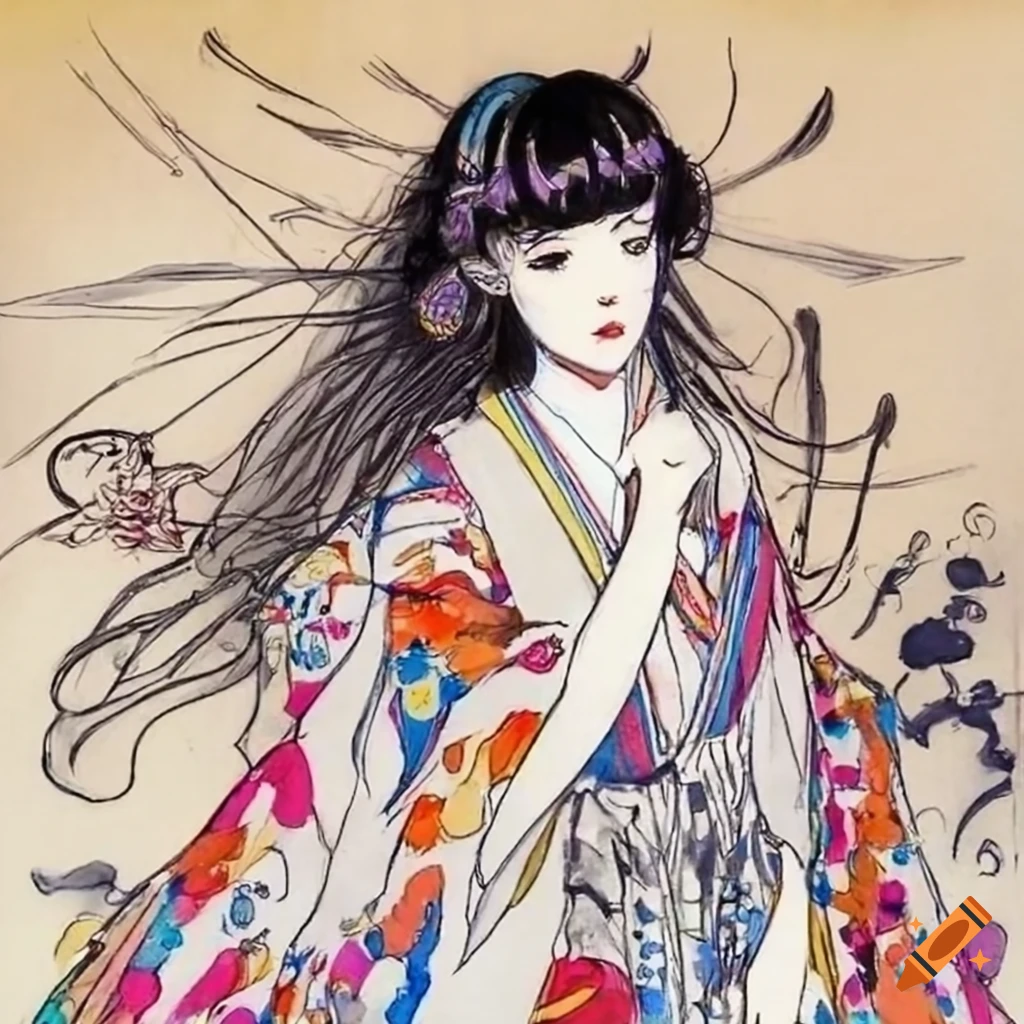 Colorful manga sketch of a japanese woman on Craiyon