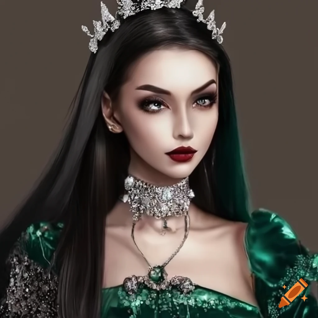 Portrait of a dark-haired princess in a green velvet dress