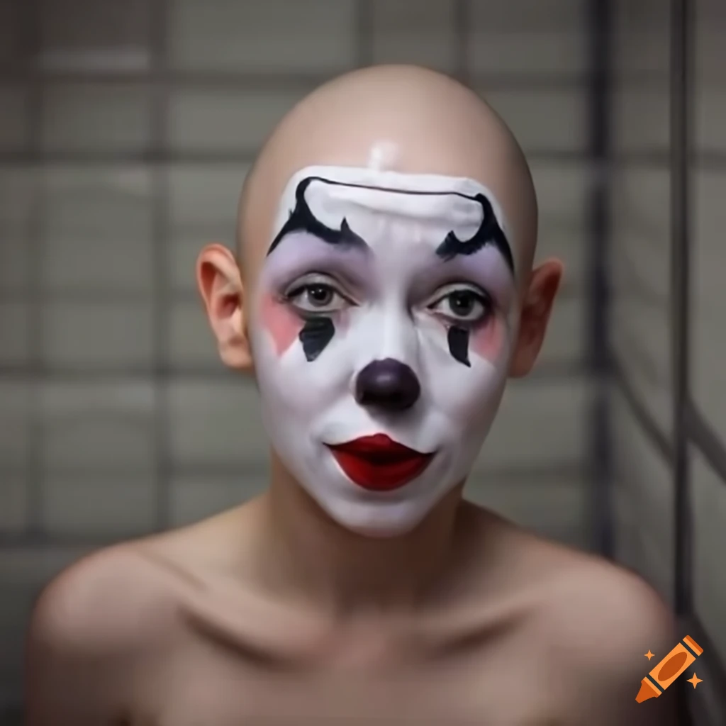 image of a mime clown girl in a dark subway bathroom