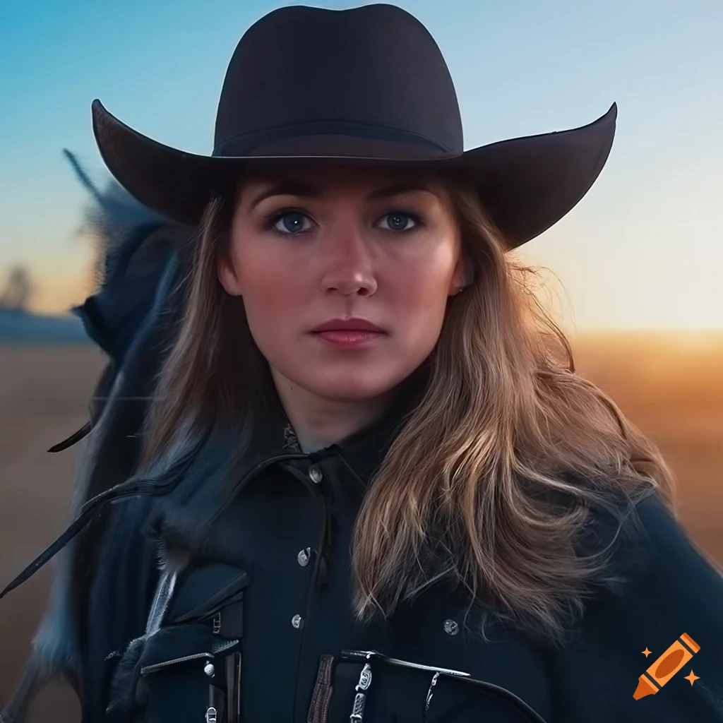 photorealistic composition of a cowgirl riding a horse