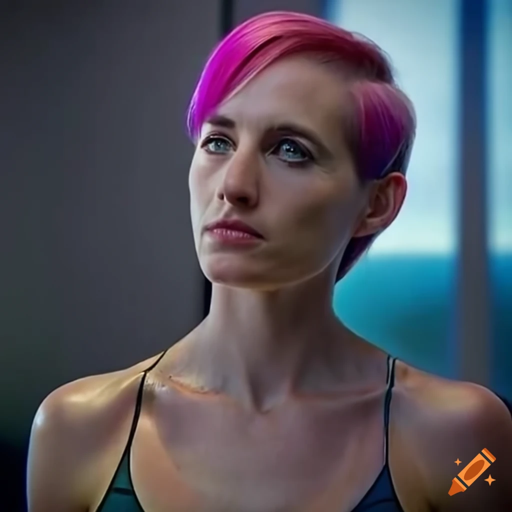 portrait of an actress with short pink hair and green eyes