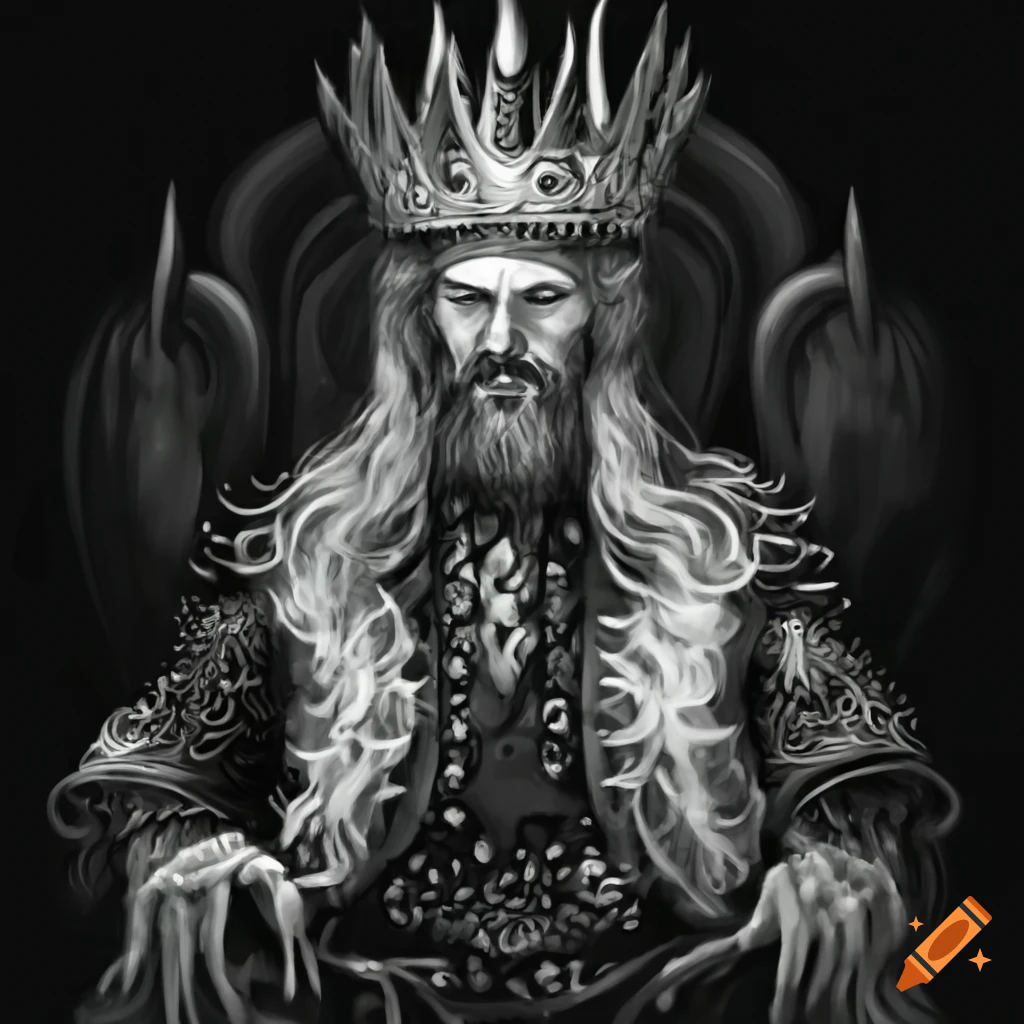 artwork of a king surrounded by mythical creatures in a ballroom