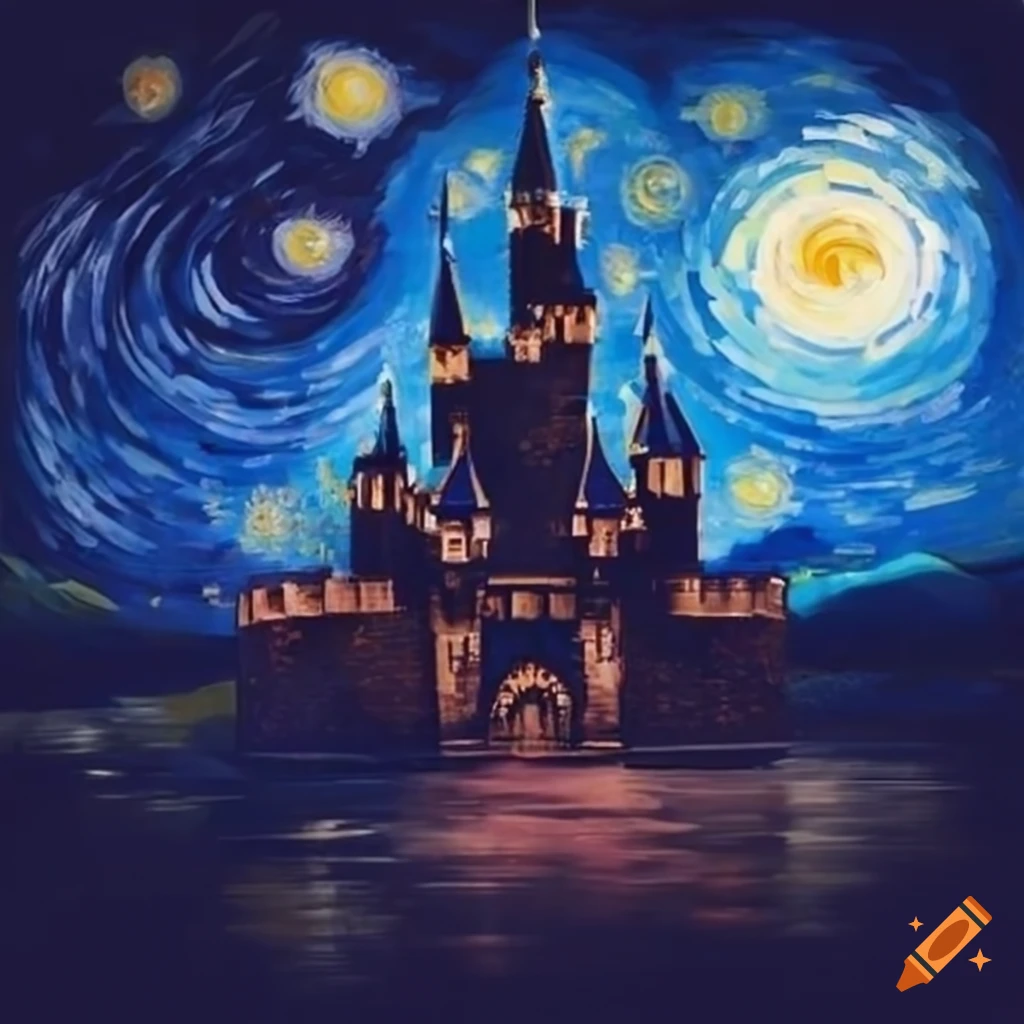 Disney castle in a starry night by thomas kinkade on Craiyon