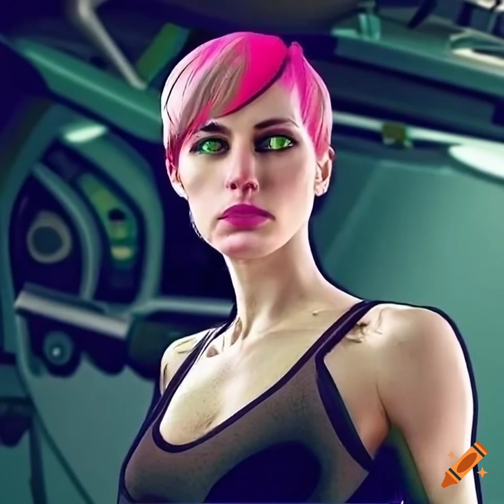 cosplay of a futuristic android with pink hair
