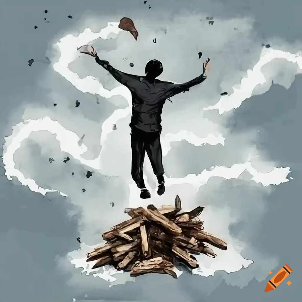 Black and white comicstyle image of a man throwing wood chips to form