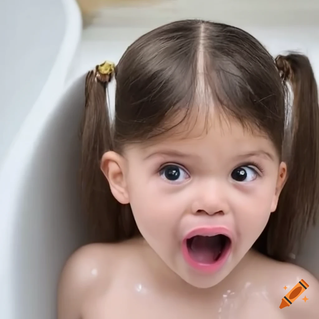 surprised toddler girl with pigtails during bath time