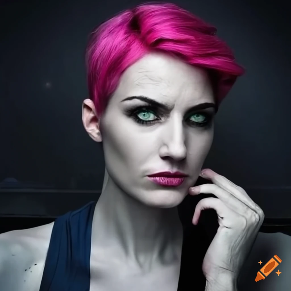 cosplayer resembling an android with pink hair and green eyes