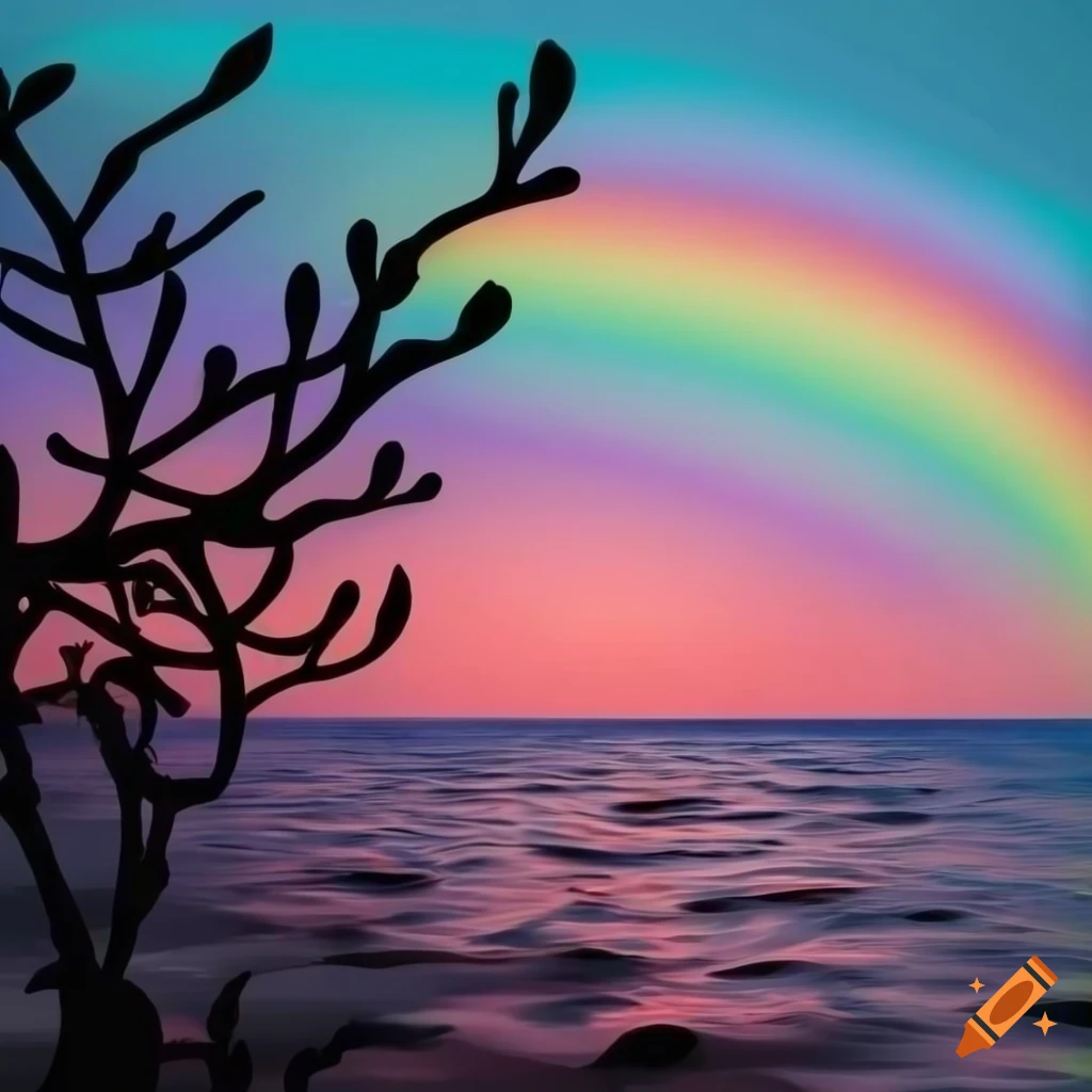colorful rainbow sea landscape with silhouette of sea plants