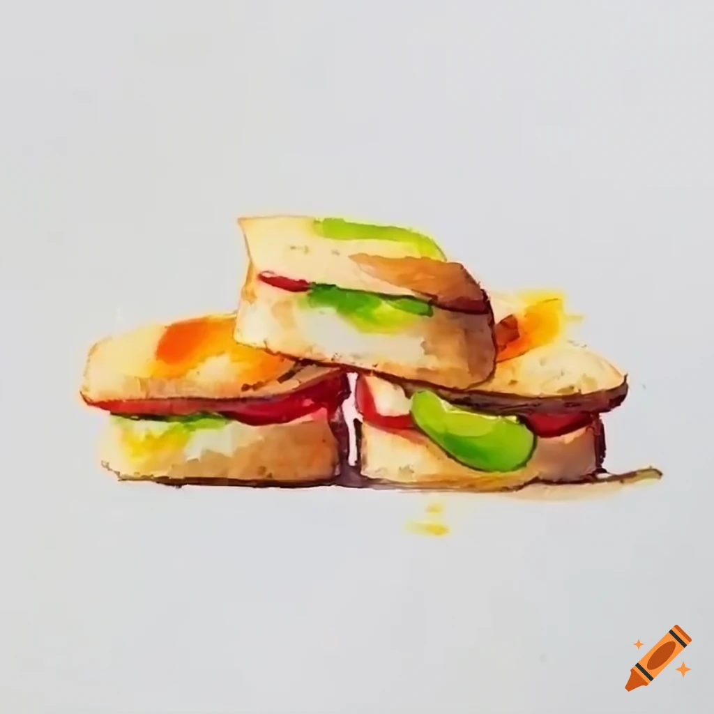 watercolor painting of melted cheese on small French sandwiches