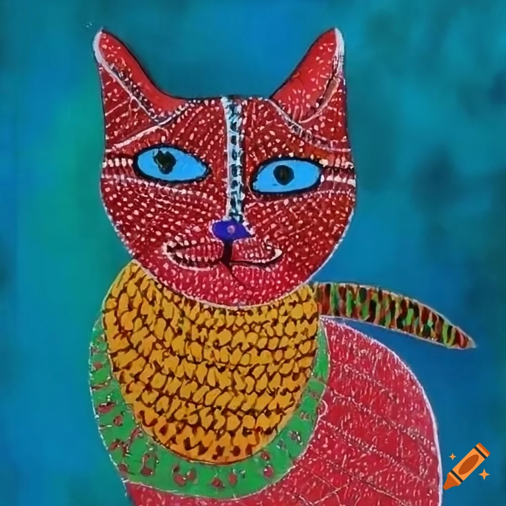vivid Gond painting of a cat