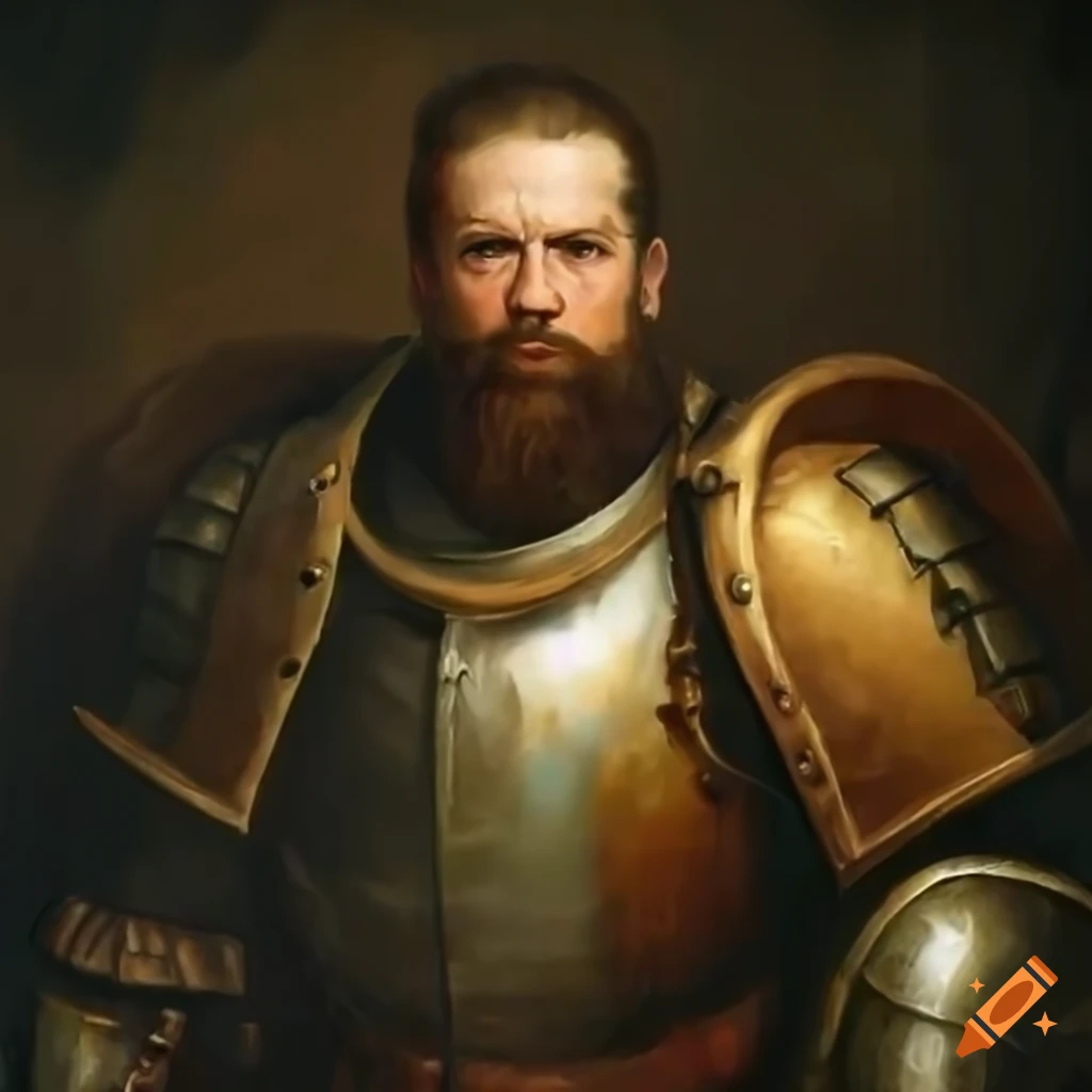 image of a bearded warrior in armor with a shield and warhammer