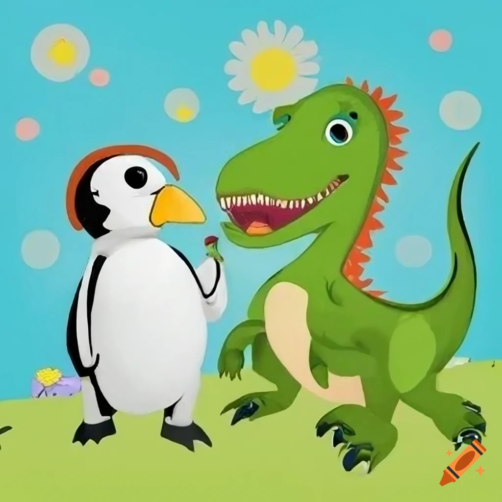 cover with a dinosaur and a penguin on an adventure