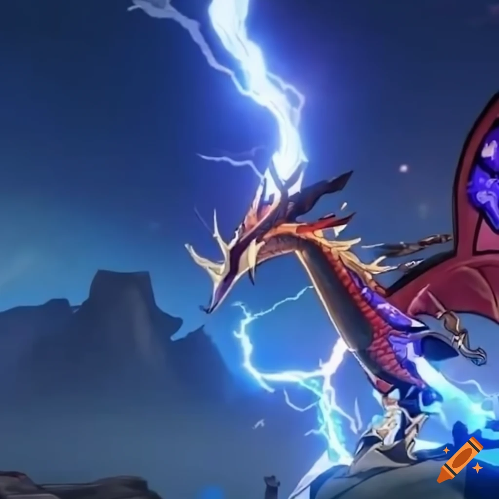 Epic battle against a lightning dragon in genshin impact on Craiyon