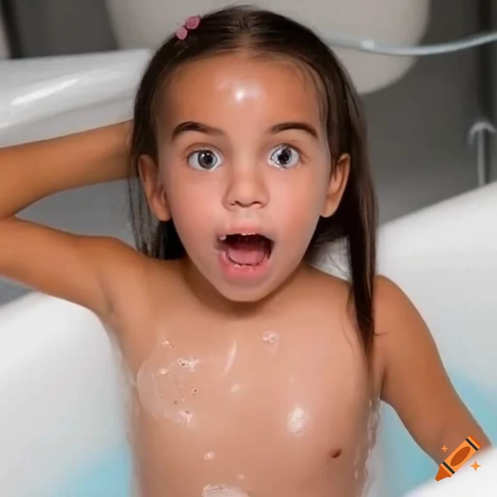 surprised toddler girl with pigtails in bath time