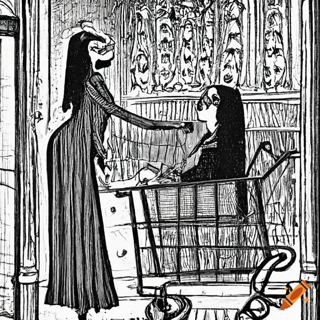 eccentric illustration of Lily Munster pushing Morticia Addams in a shopping cart