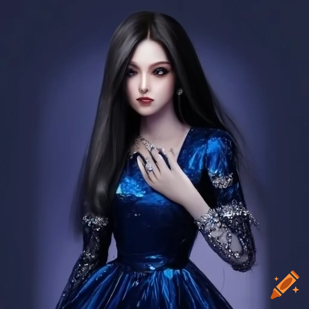 Image of a princess in a dark blue sequin dress on Craiyon