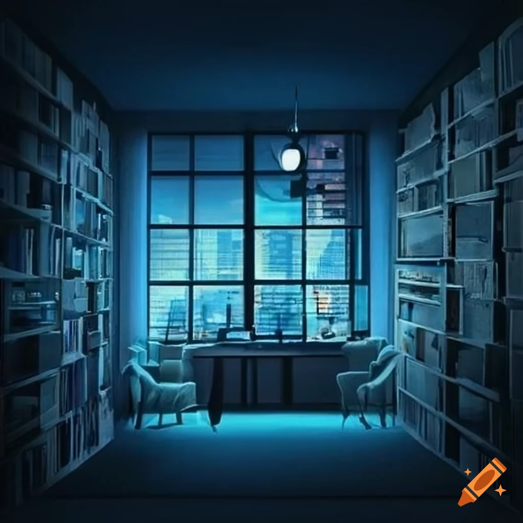 study room with open windows and cityscape view